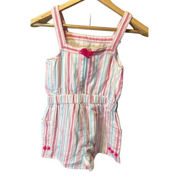 Girls Striped Romper by Egg New York Size 10Y Pink Blue White with Pom Poms - Picture 2 of 8